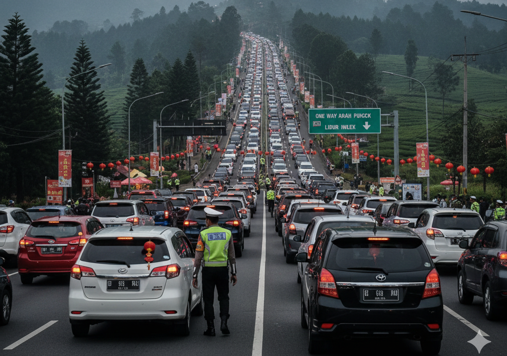 Kendaraan membludak di jalur Puncak hingga diberlakukan sistem one way saat libur Imlek
