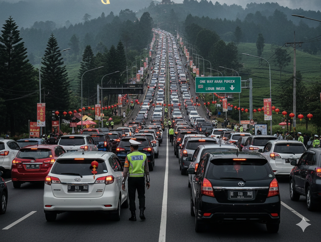 Kendaraan membludak di jalur Puncak hingga diberlakukan sistem one way saat libur Imlek
