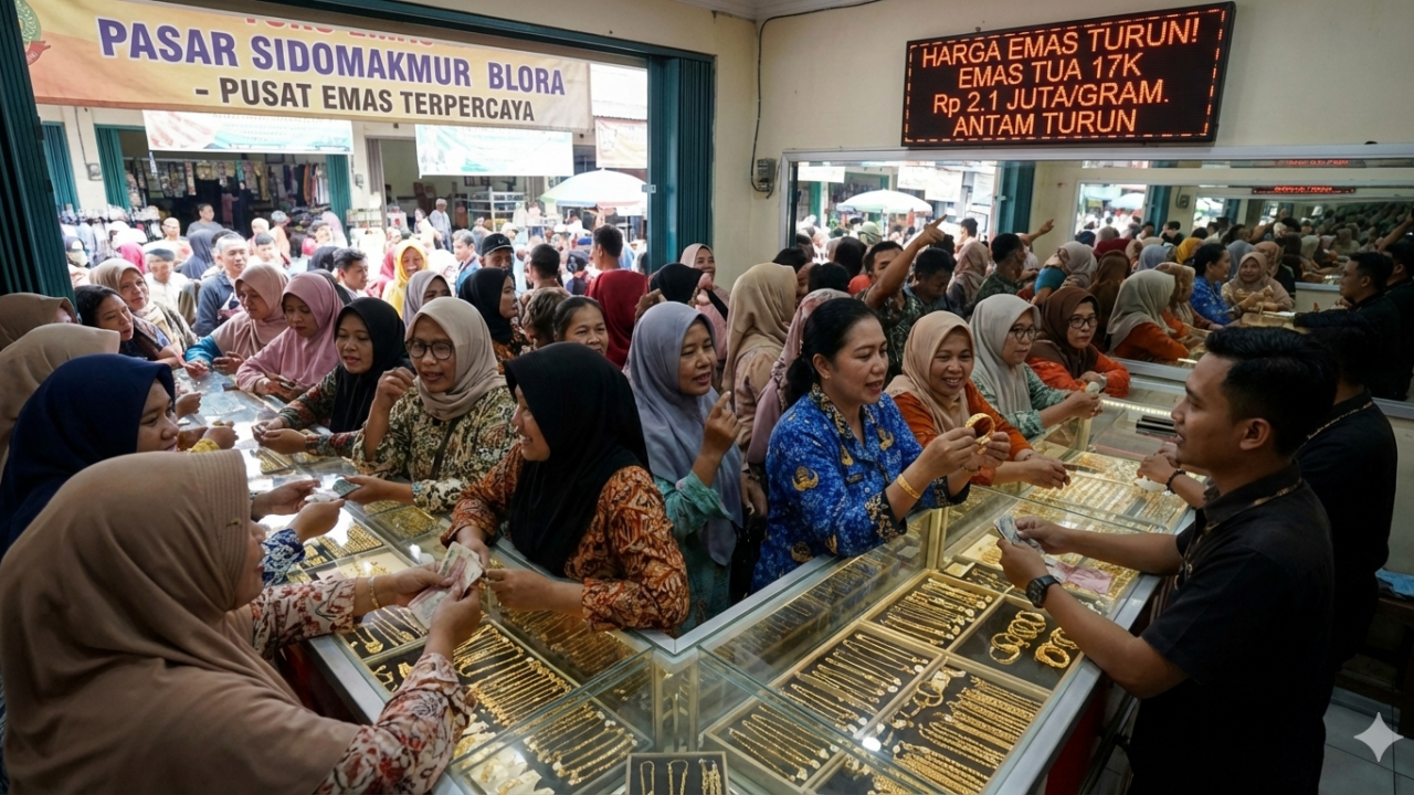 Harga emas turun di Pasar Sidomakmur Blora membuat warga ramai membeli emas perhiasan sebagai simpanan