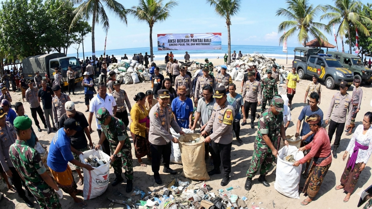 Aksi bersih-bersih pantai di Bali oleh aparat dan warga setelah sorotan Presiden Prabowo soal sampah