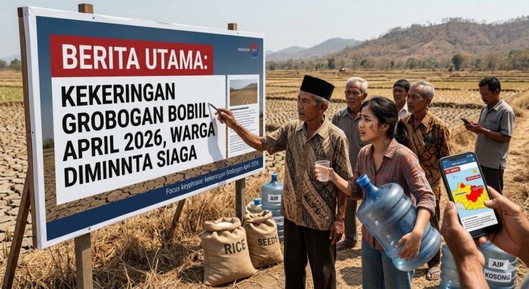 Warga Grobogan Jawa Tengah sedang mengantre bantuan air bersih akibat kekeringan April 2026.