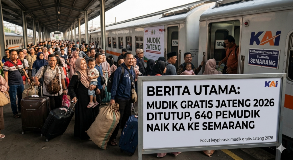 Suasana pemudik gratis Jateng 2026 di Stasiun Pasar Senen sebelum berangkat ke Semarang