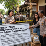 Ilustrasi garis polisi warna kuning melintang di depan pintu masuk sebuah vila di Kerobokan, Bali, melambangkan lokasi kejadian tragis penusukan turis di Bali yang menewaskan WN Belanda.