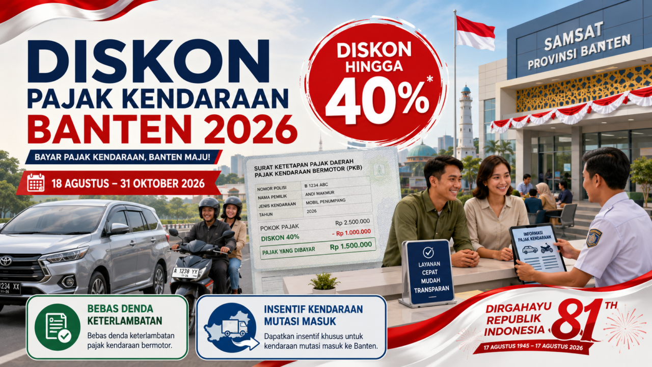 Diskon pajak kendaraan Banten 2026 berlaku mulai 18 Agustus hingga Oktober