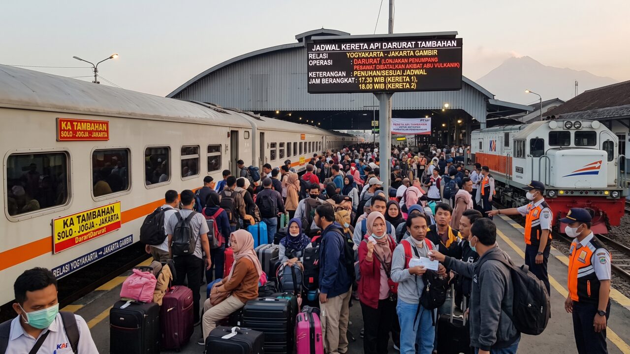 Penumpang memadati stasiun mengecek jadwal kereta tambahan Solo Jogja menuju Jakarta akibat abu vulkanik