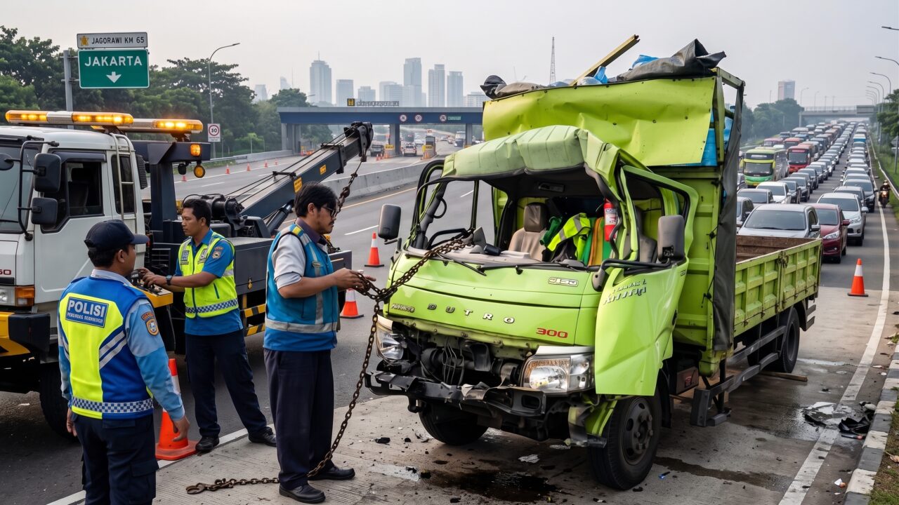 Kondisi kaca depan truk yang ringsek parah akibat kecelakaan Tol Jagorawi arah Jakarta