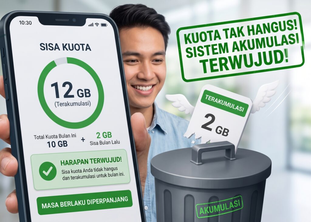 Ilustrasi pengguna ponsel pintar tersenyum melihat sisa kuota internet tak hangus