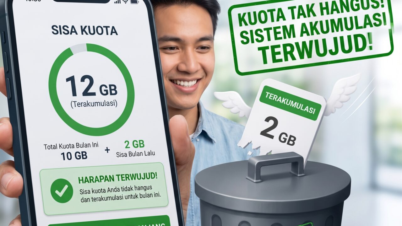 Ilustrasi pengguna ponsel pintar tersenyum melihat sisa kuota internet tak hangus