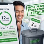 Ilustrasi pengguna ponsel pintar tersenyum melihat sisa kuota internet tak hangus