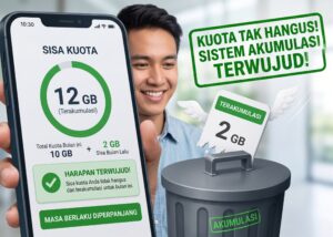Ilustrasi pengguna ponsel pintar tersenyum melihat sisa kuota internet tak hangus