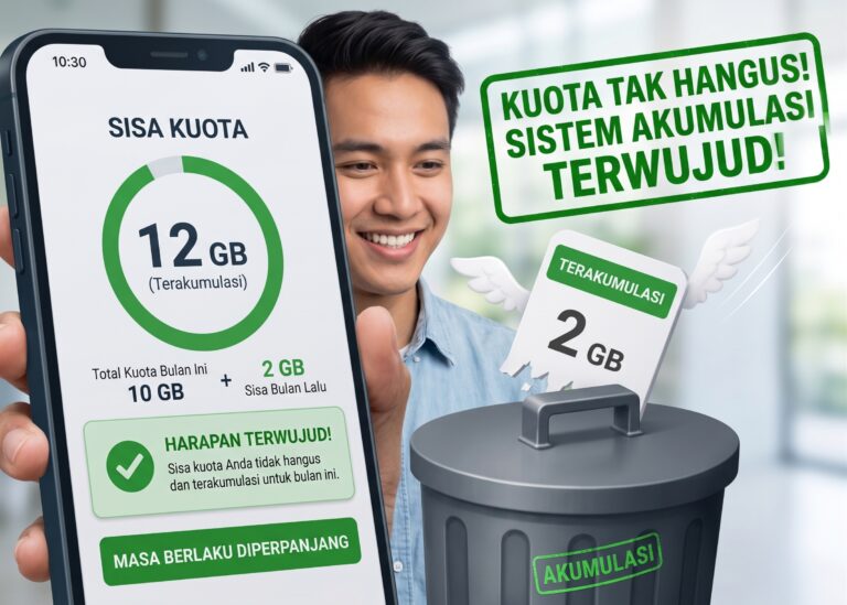 Ilustrasi pengguna ponsel pintar tersenyum melihat sisa kuota internet tak hangus